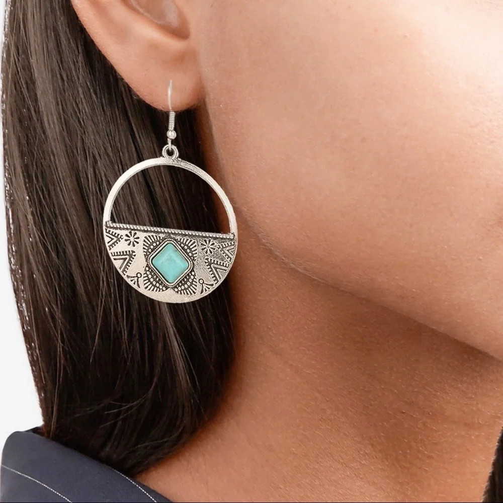 Silver Turquoise Gem Round Boho Drop Earrings